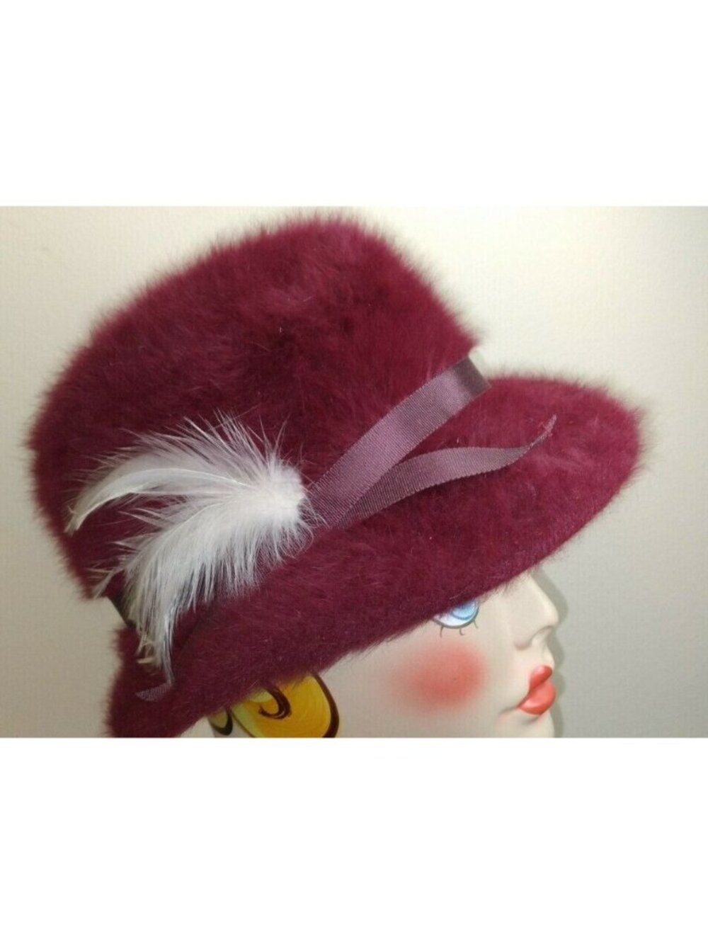 Vintage Antique Millinery Maroon / Wine Rabbit Fur Fedora Cap Hat MEDIUM USED - Picture 2 of 5